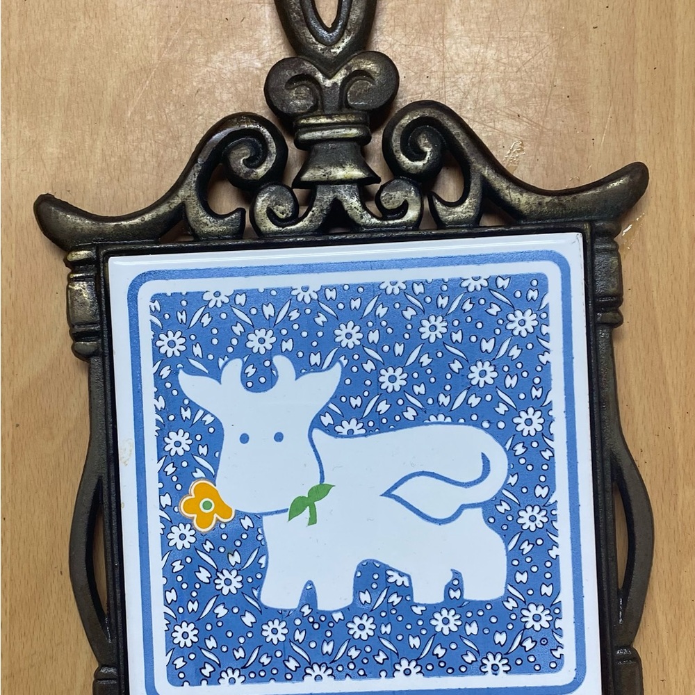 Vintage Cast Iron Trivet With Ceramic Blue Tile Cow with Yellow Flower 11-1/2" H